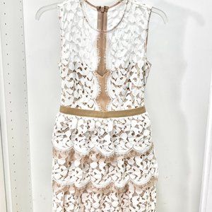 BCBG MaxAzria off-whtie lace peplum "Sophea" cocktail dress